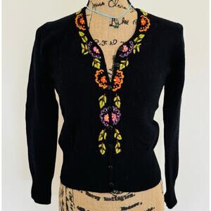 VTG Creazioni Rigi Black Embroidered Floral Wool Button Down Cardigan Italy